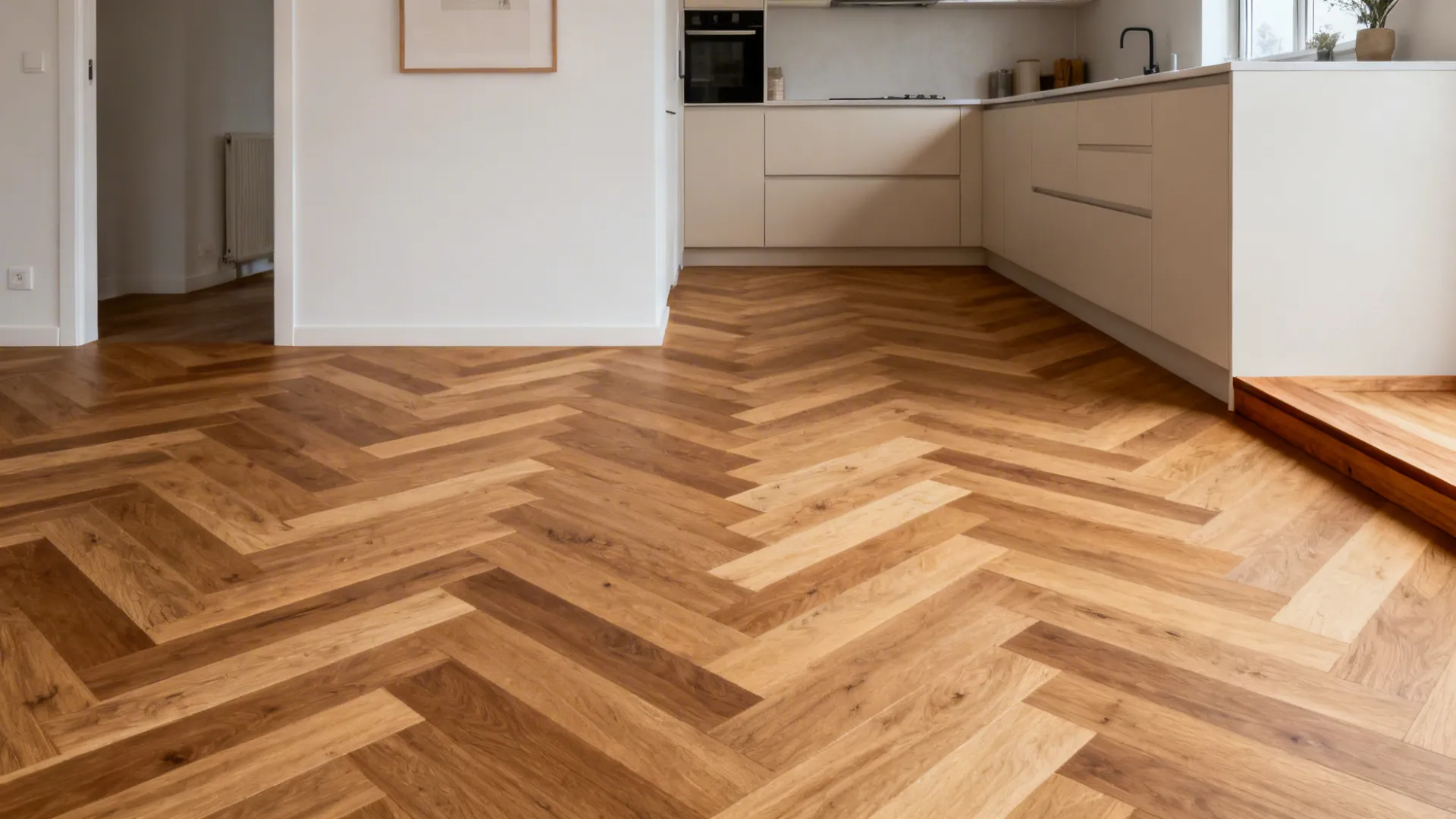 Engineered oak herringbone flooring running through kitchen and living area.