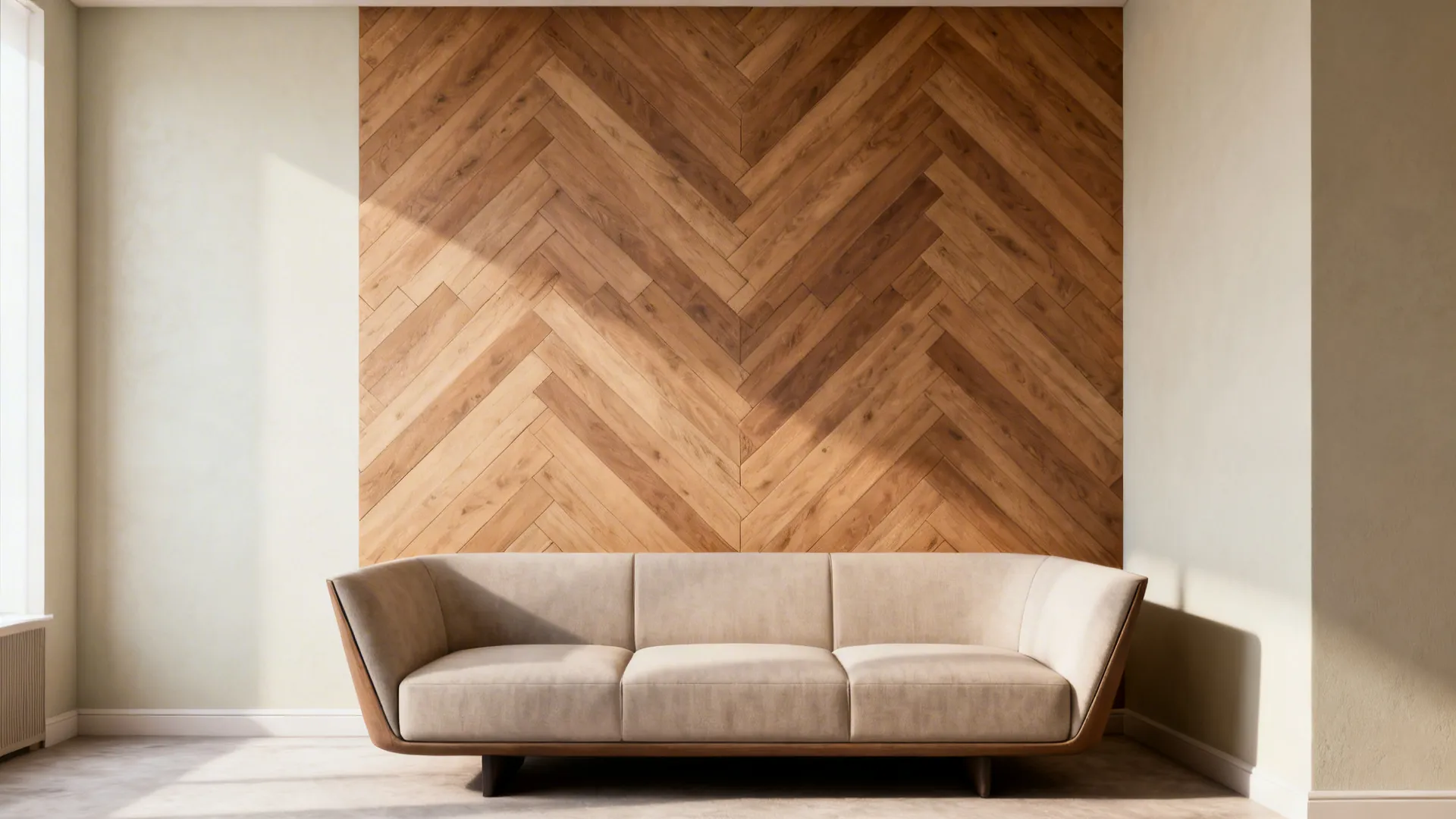 Herringbone wooden tile focal wall behind a modern sofa with soft daylight.