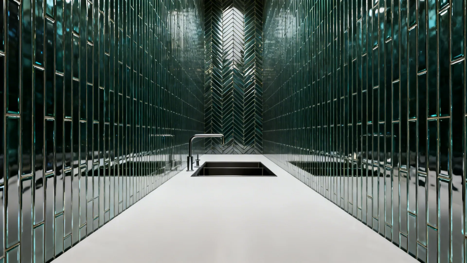 Narrow galley kitchen with slim glossy herringbone glass tile backsplash creating a taller visual effect.