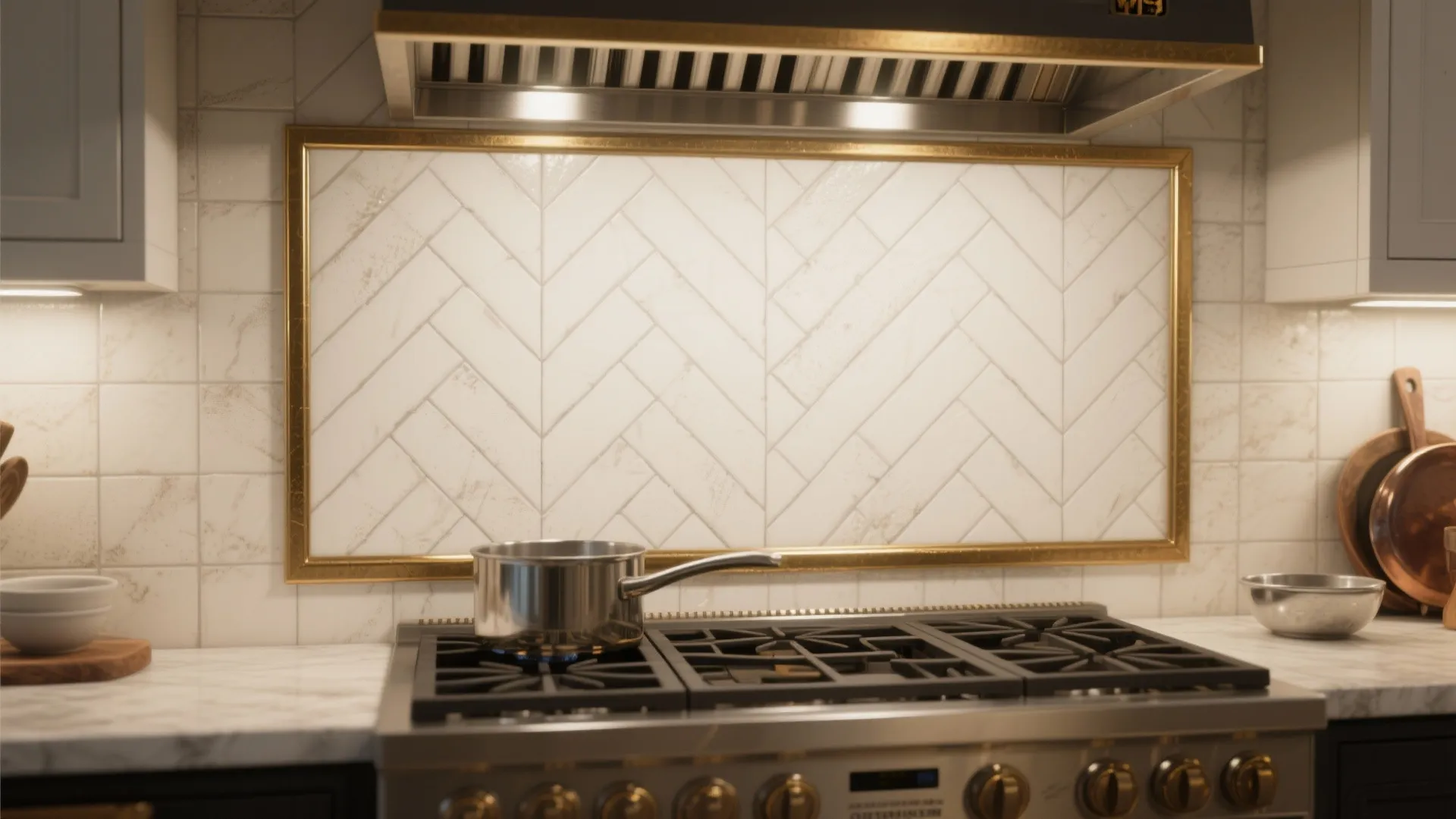 Kitchen stove area with white herringbone wall tiles gold frame and a metal cooking pot