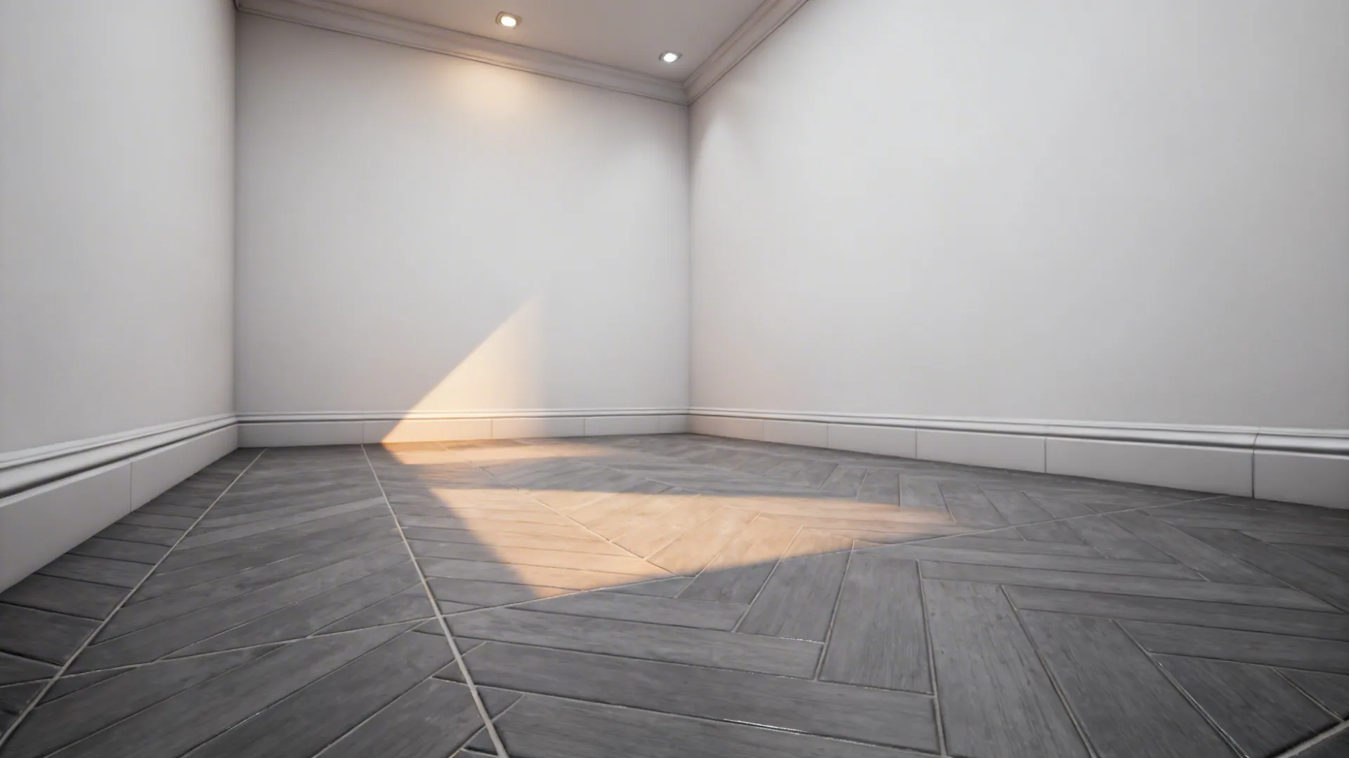 Small en-suite with gray herringbone porcelain floor and white walls creating motion and warmth.