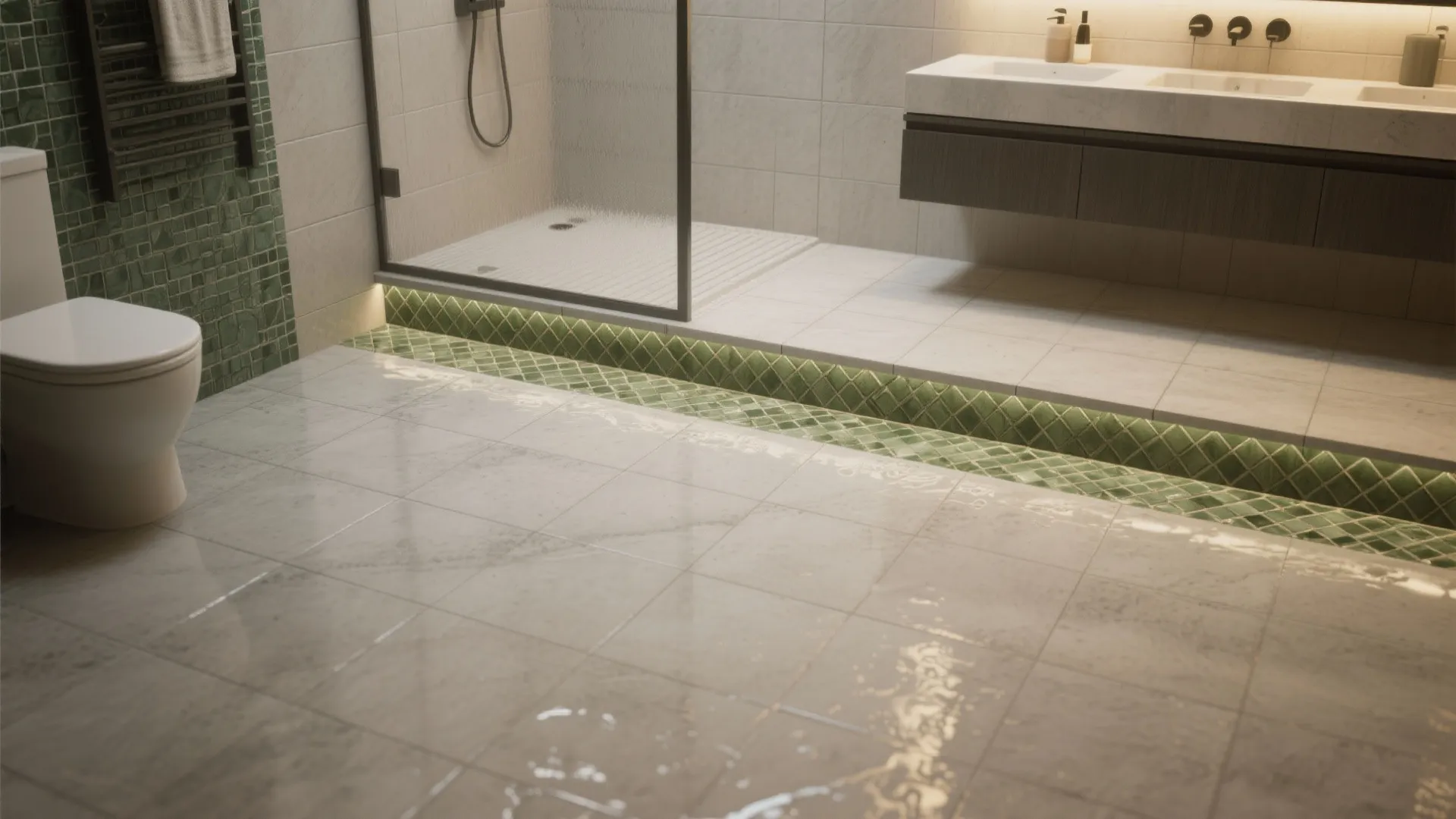 Bathroom interior with white floor tiles green wall tiles white toilet and glass shower door
