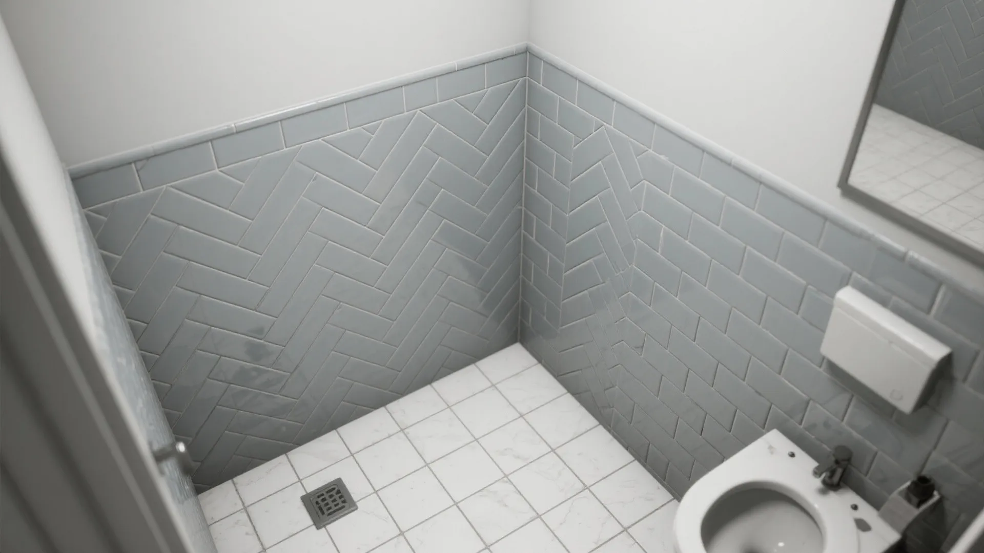 Bathroom interior featuring grey herringbone wall tiles white square floor tiles and a white ceramic toilet