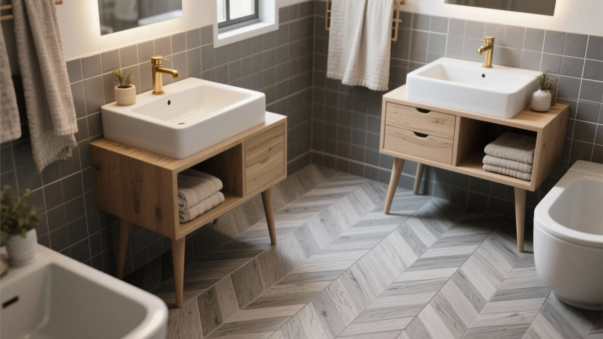 2. Herringbone grey wood-look tiles
