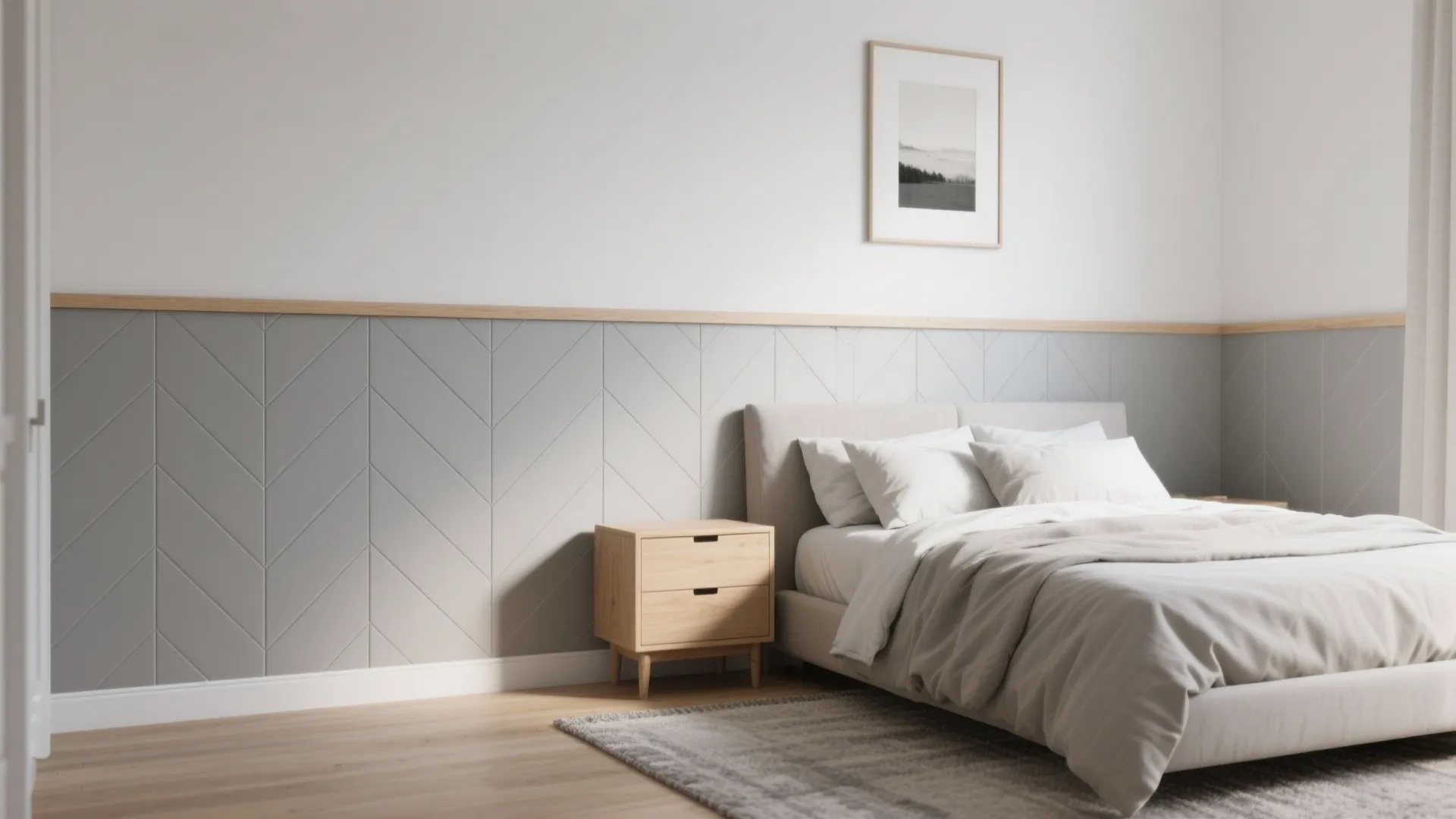 Modern bedroom with grey wall panel wooden cabinet white bed pillows framed art and rug