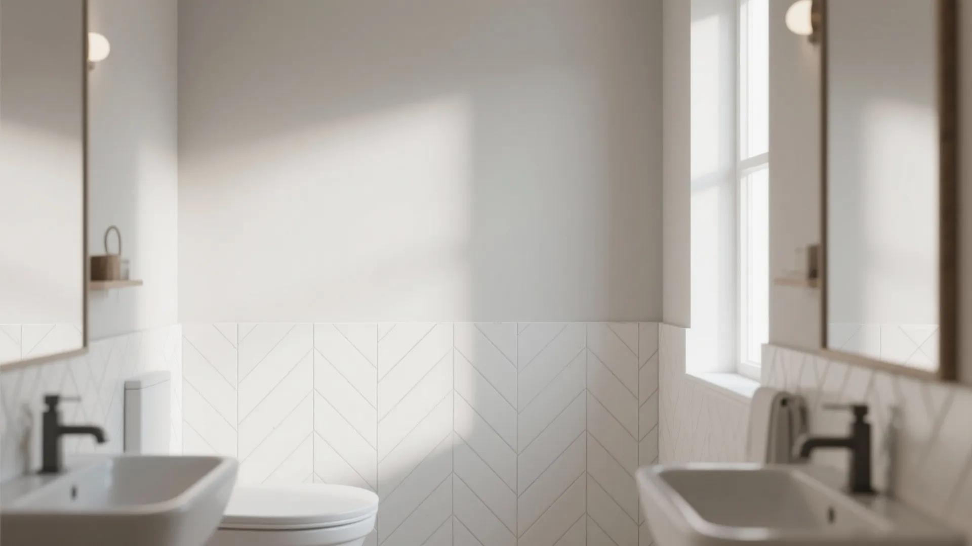Modern bathroom featuring white herringbone wall panel tiles with a toilet sink and natural sunlight