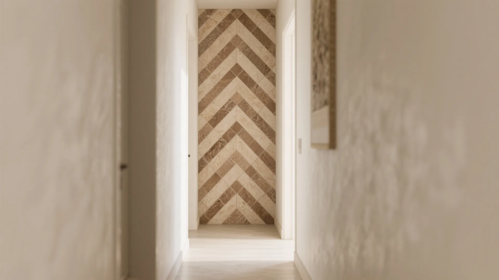 Narrow hallway with Dholpuri sandstone herringbone wall that lengthens the view in warm beige tones.