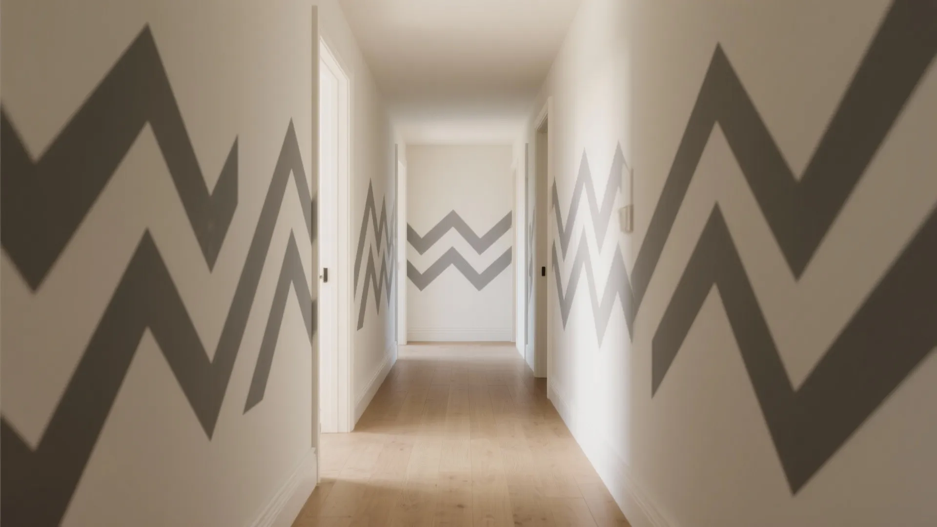 Modern hallway with white walls featuring grey zigzag patterns wooden floors and white bedroom doors
