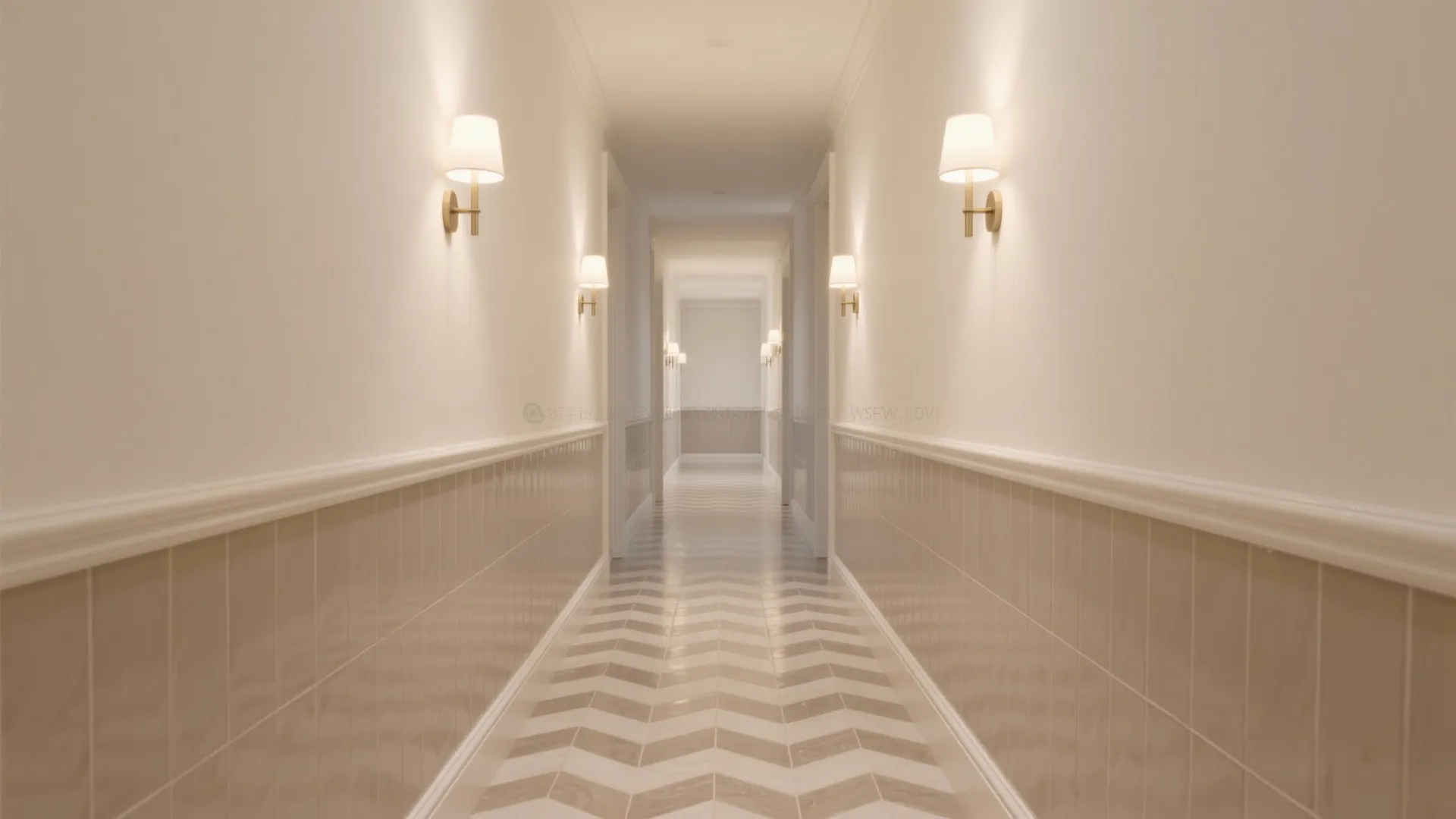 Long bright hallway with beige wall panel design wooden herringbone floor and small wall light fixtures