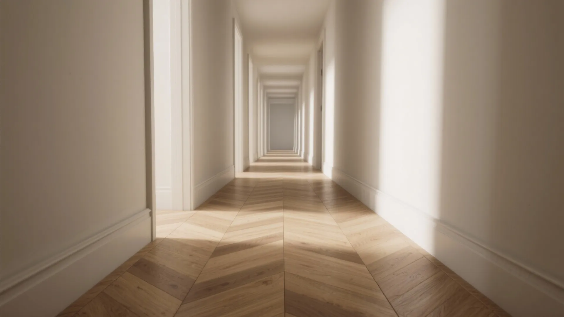Long bright hallway with light wood flooring in a chevron pattern and white walls with sunlight