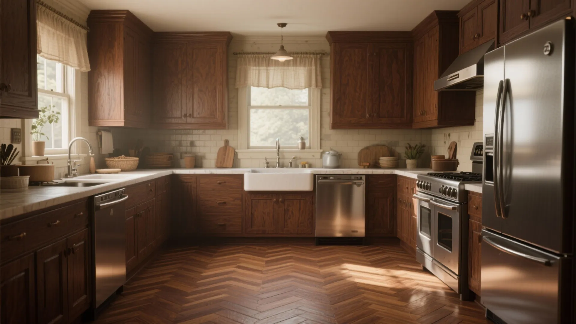 Classic kitchen with dark wood cabinets herringbone wood flooring white sink and stainless steel appliances