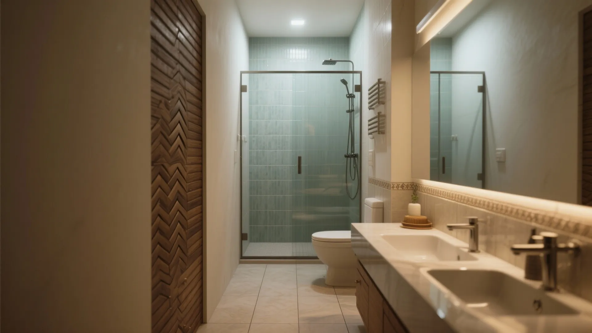 Bathroom interior design drawing featuring blue glass shower toilet double sink and wood pattern wall panels