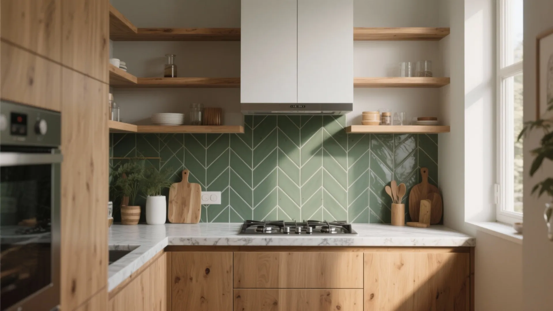 Close view of wooden kitchen cabinets with marble countertop and green herringbone tile wall design