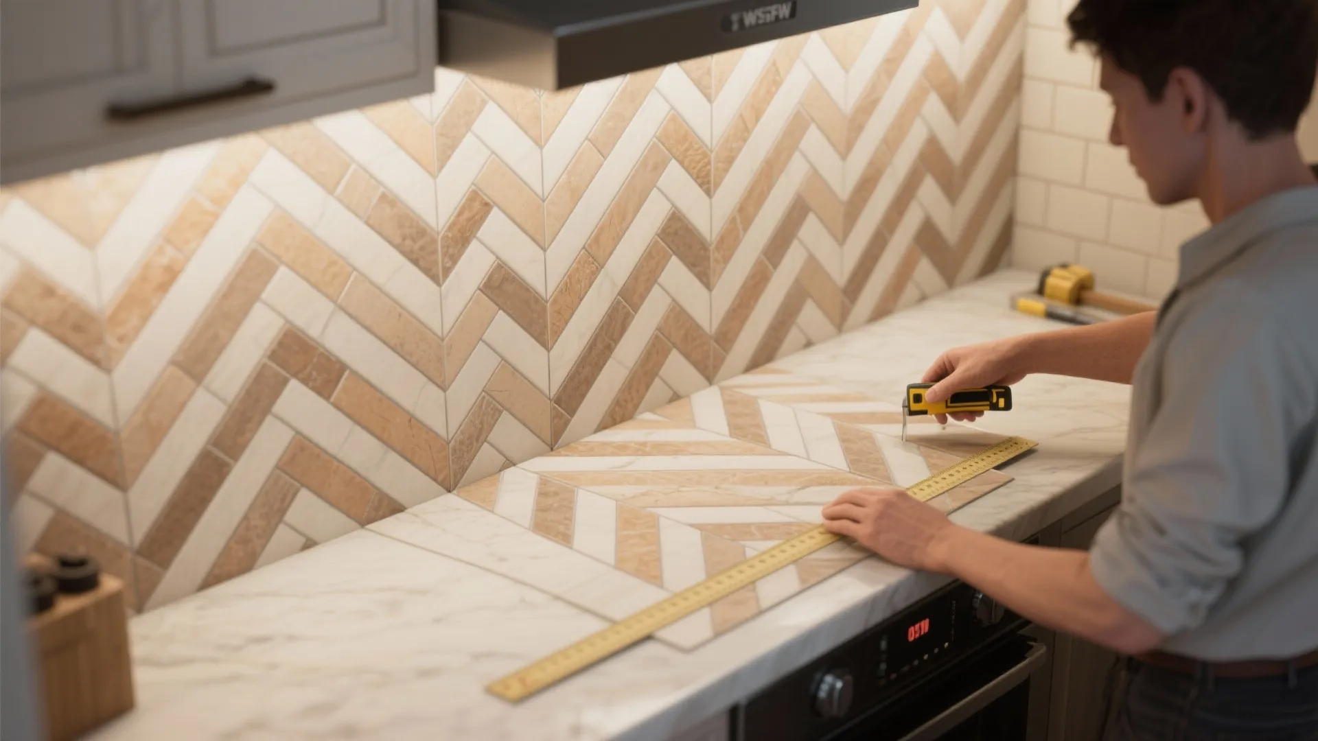4. Herringbone or Chevron Patterns to Lengthen Small Kitchens