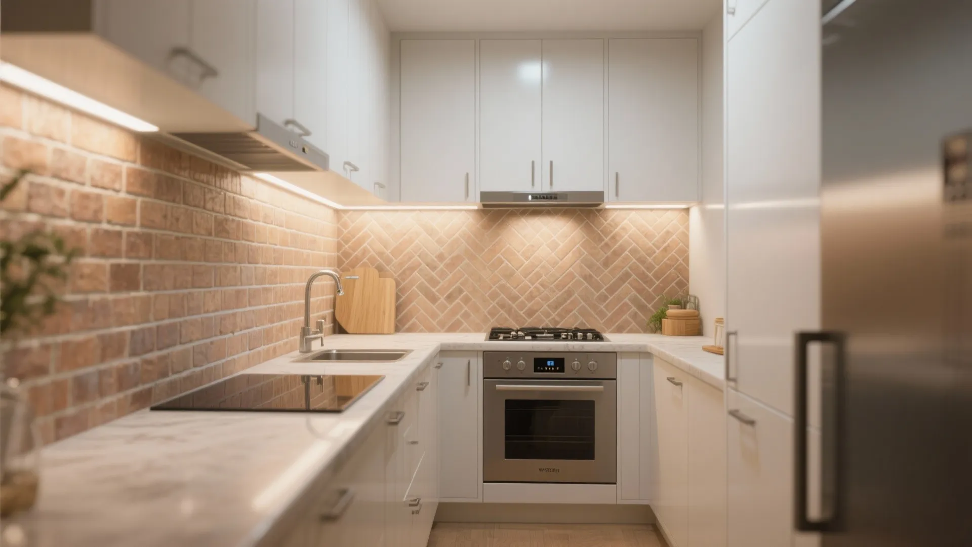Herringbone Brick Backsplash in a Compact Kitchen