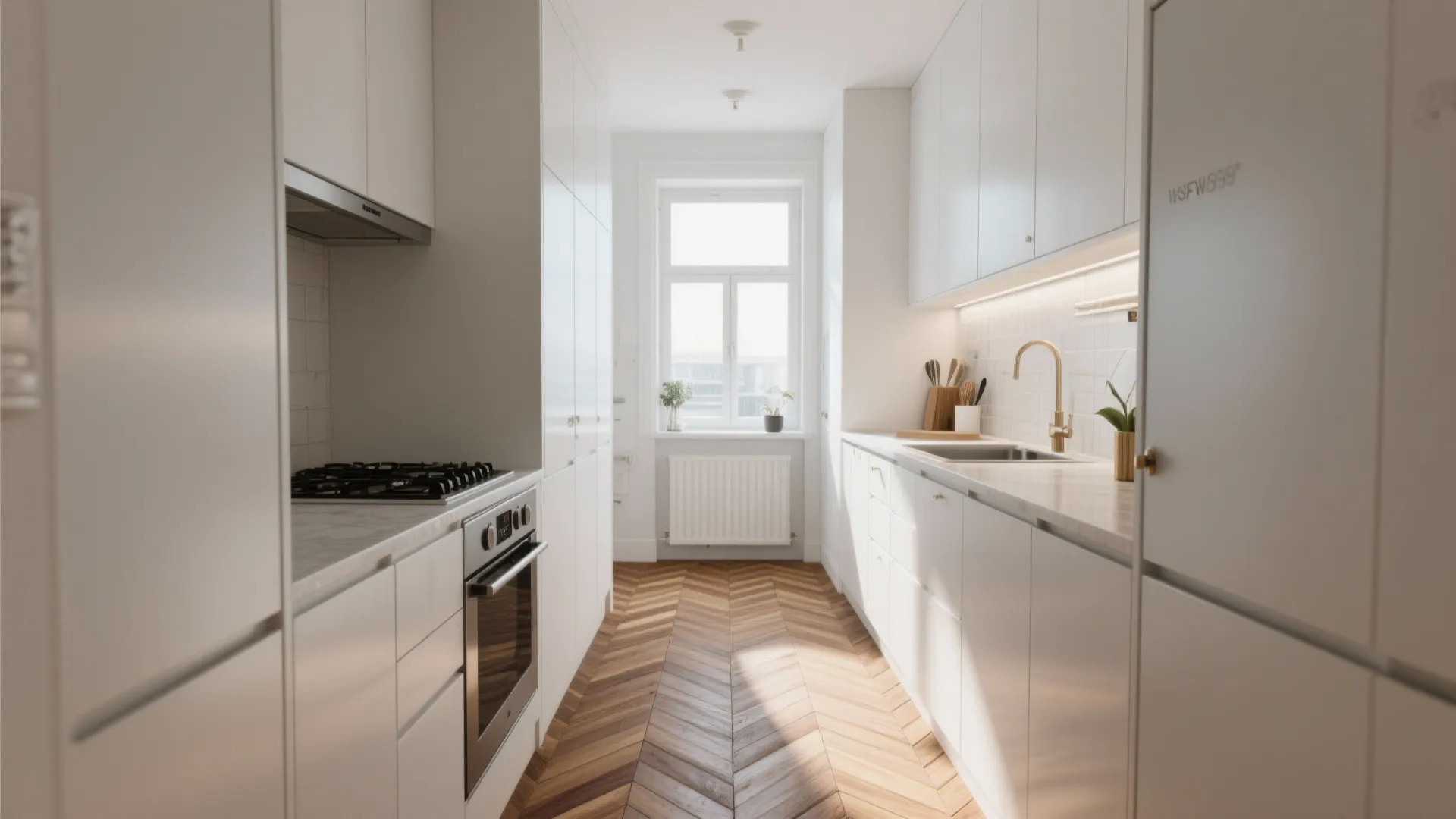 Narrow galley kitchen with white cabinets herringbone wooden floor sink stove and a bright window