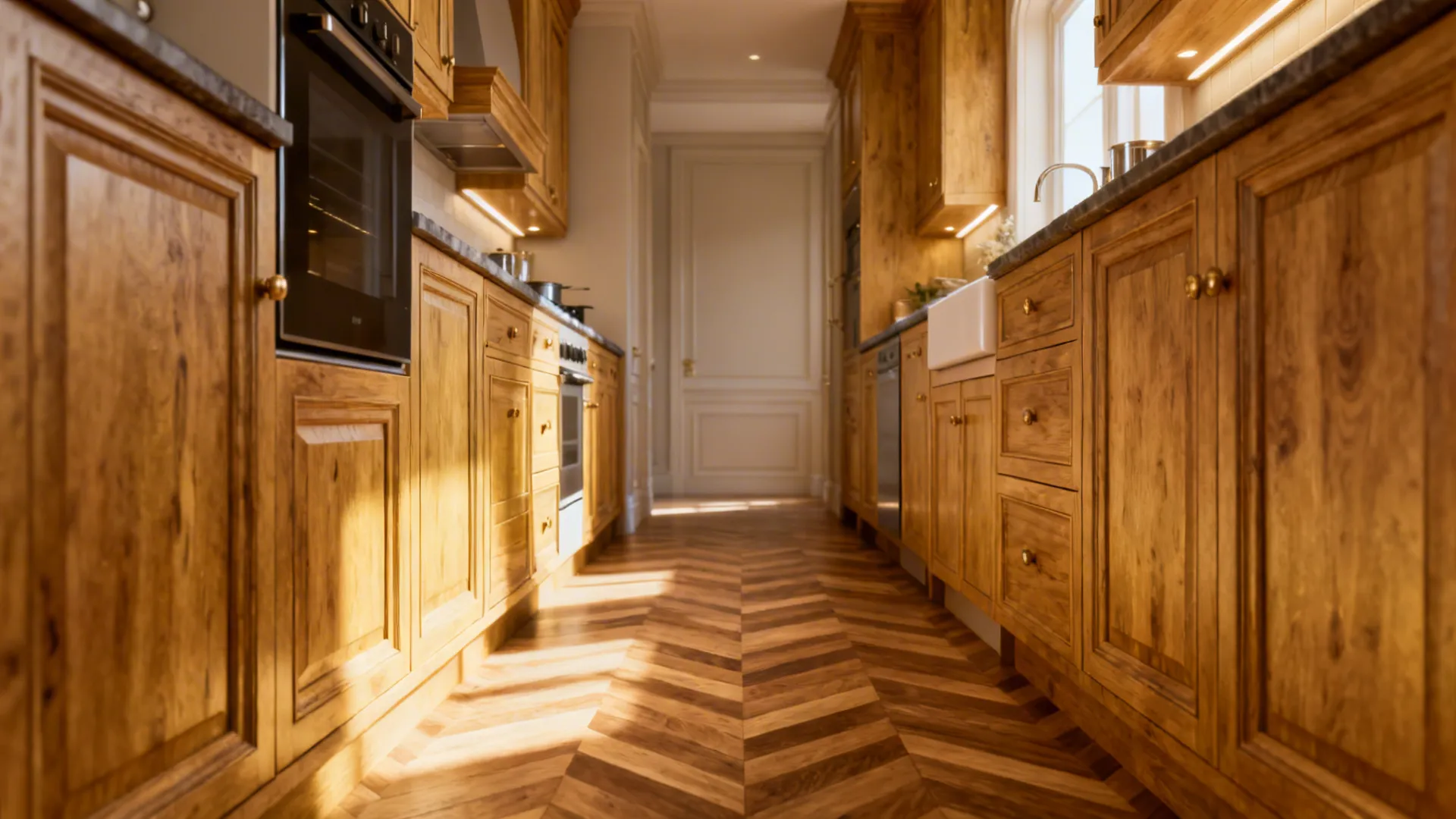 Compact galley kitchen with herringbone hardwood floor and oak cabinets, pattern elongating the space.
