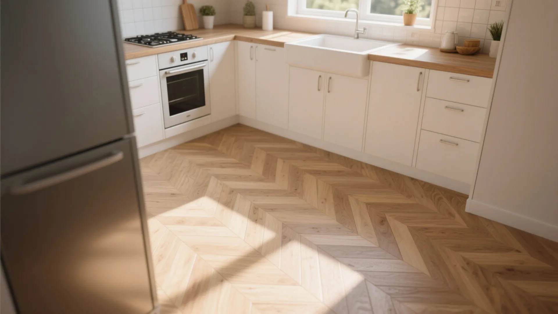 Modern white kitchen with wooden countertops, white cabinets, and light wood floor in herringbone pattern