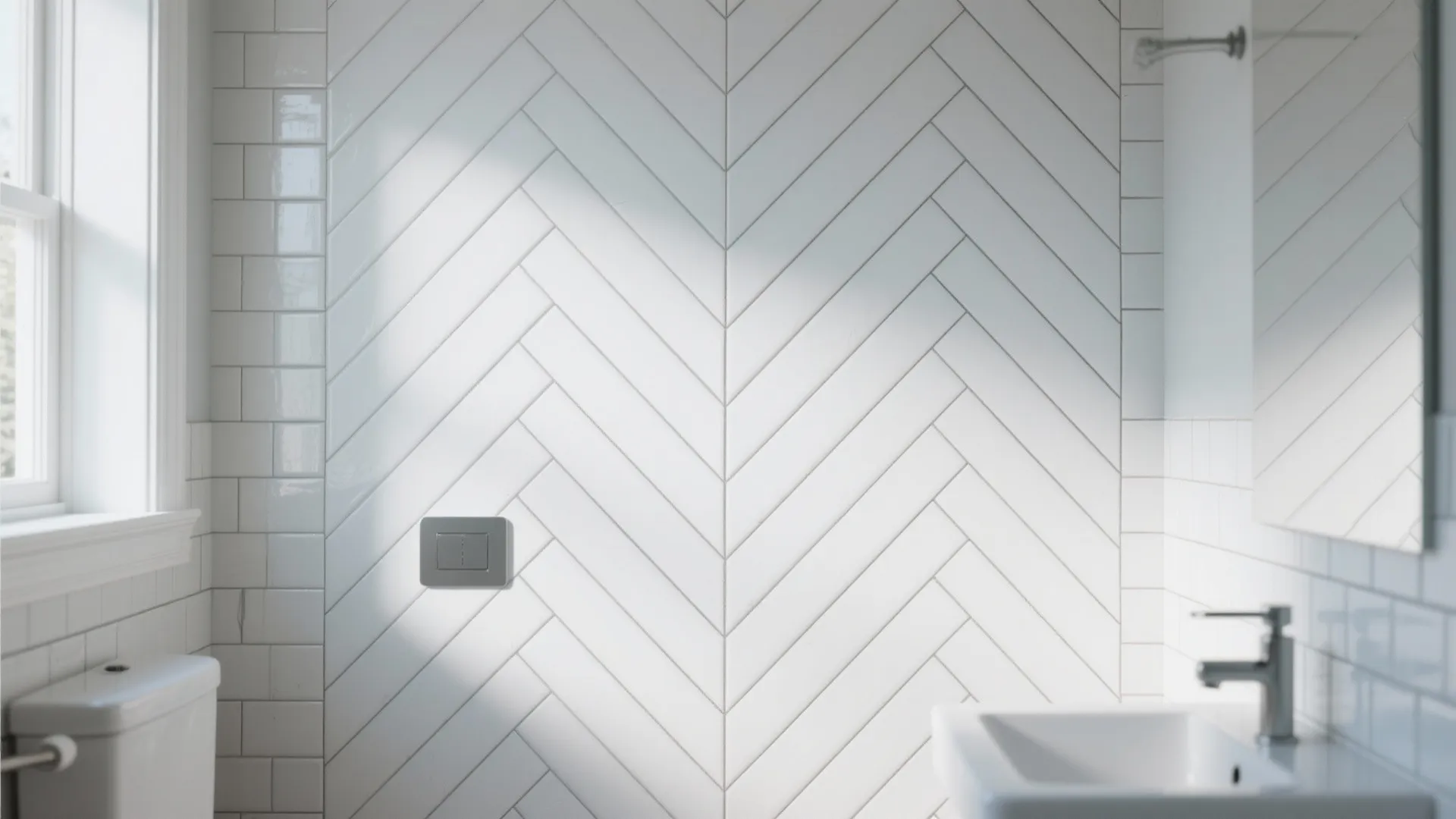 White bathroom wall with herringbone tile pattern next to a sink and white toilet seat