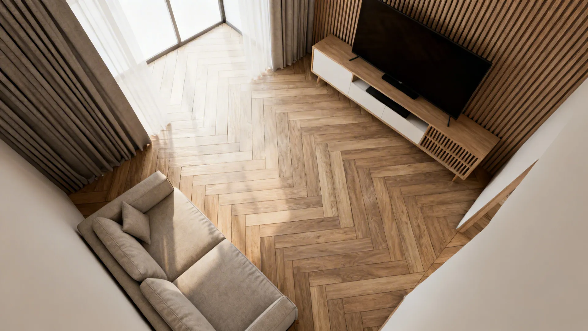 Small sala with slim wood-look planks laid in a precise herringbone pattern.