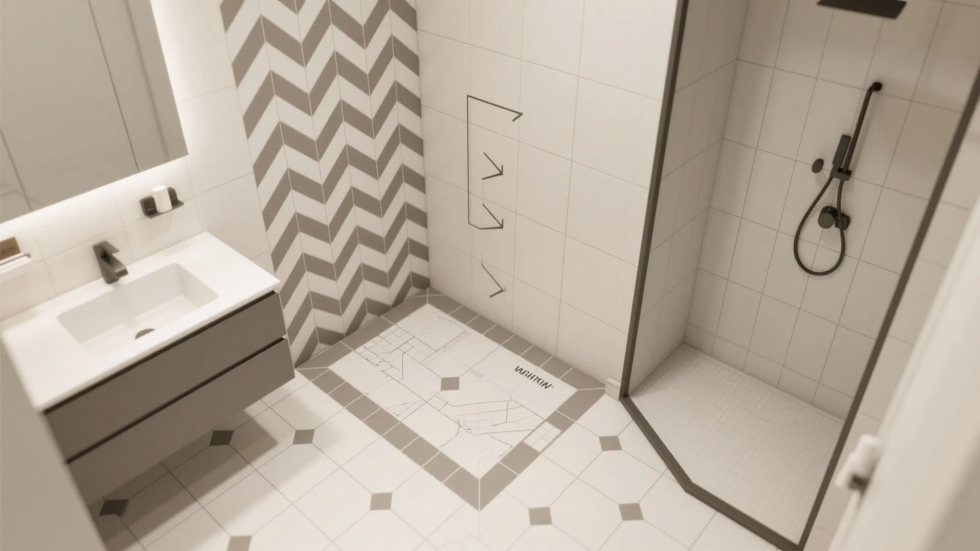 5) Pattern with Purpose: Herringbone Walls, Straight-Lay Floors