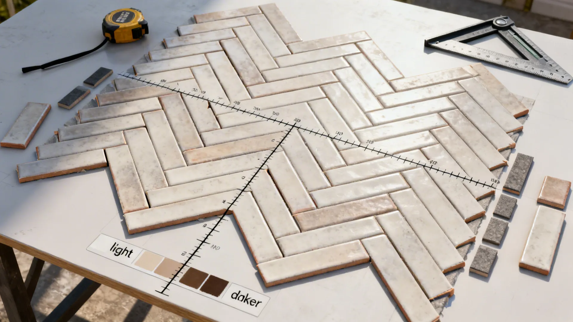 Top-down layout of herringbone ceramic planks with centerline, tools, and grout samples.