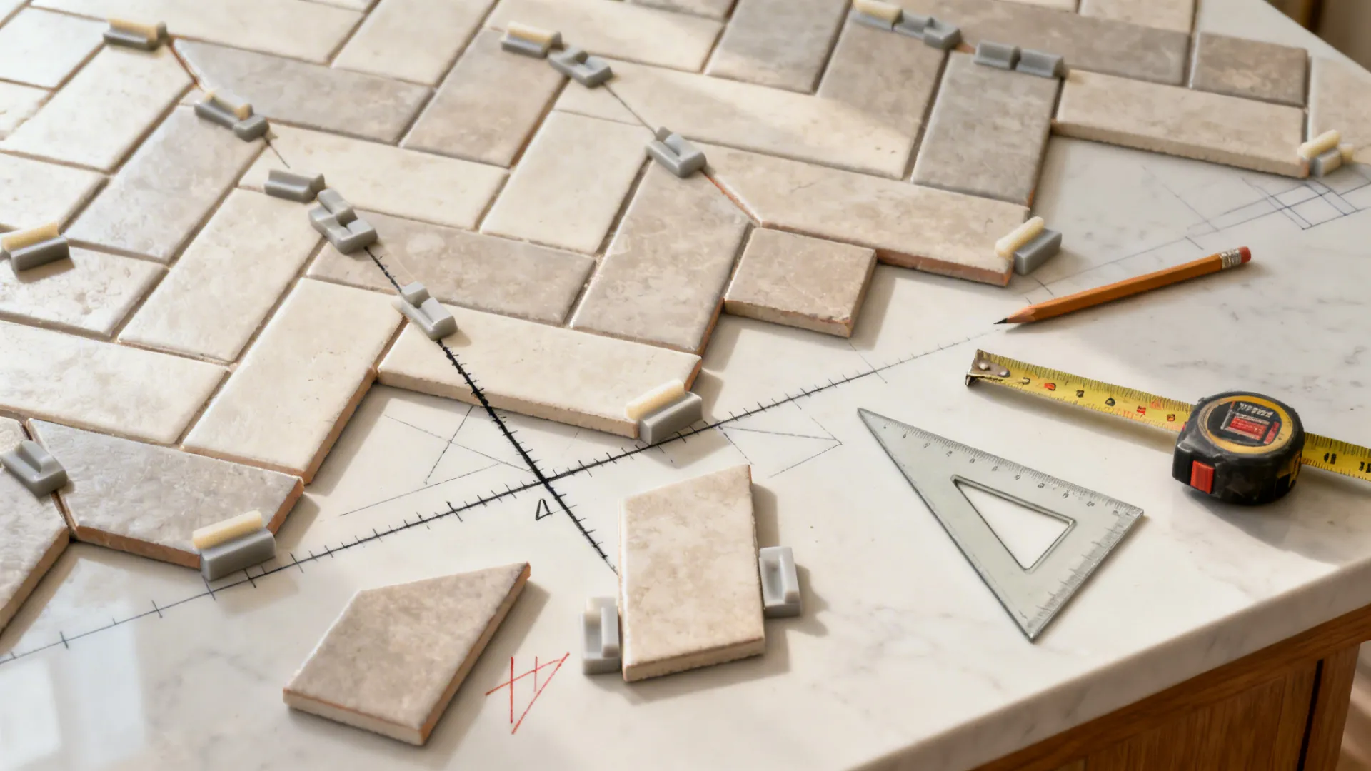 Top-down view of herringbone tile mockup with centerline and spacers for planning.