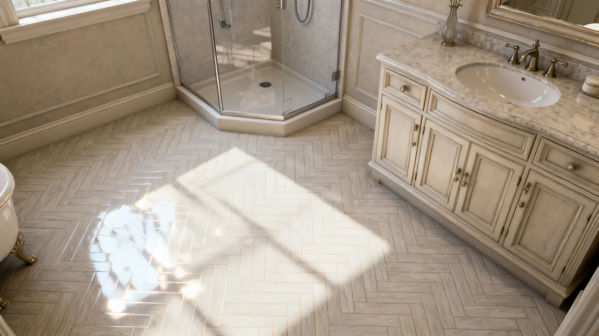 Small bathroom with pale herringbone vinyl and light grout lines for a crafted look