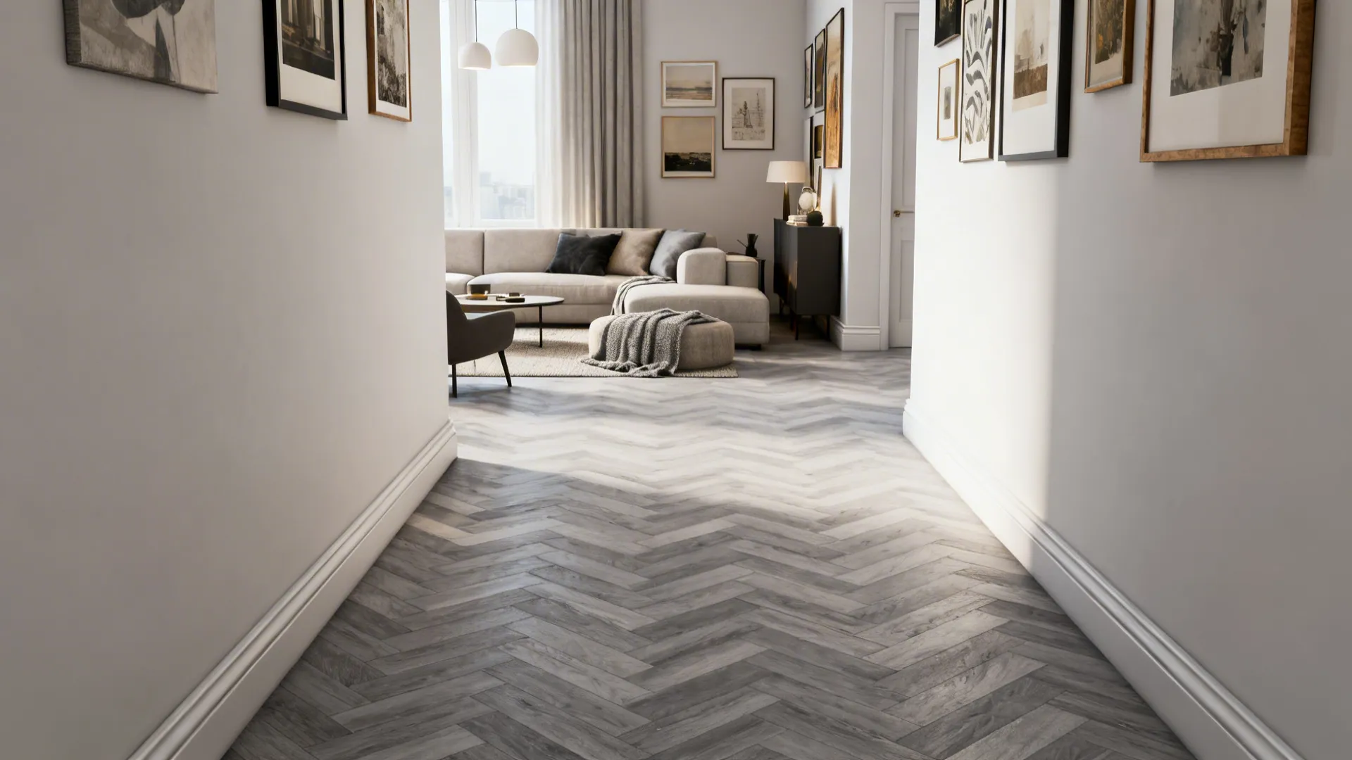 Compact living room with light grey herringbone flooring and minimal furnishings