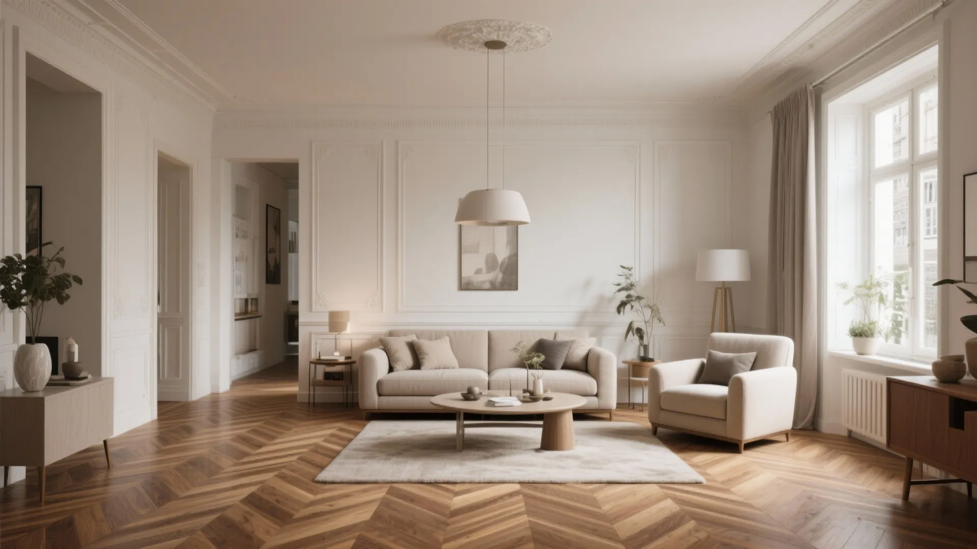 Living room with elegant herringbone hardwood floor pattern