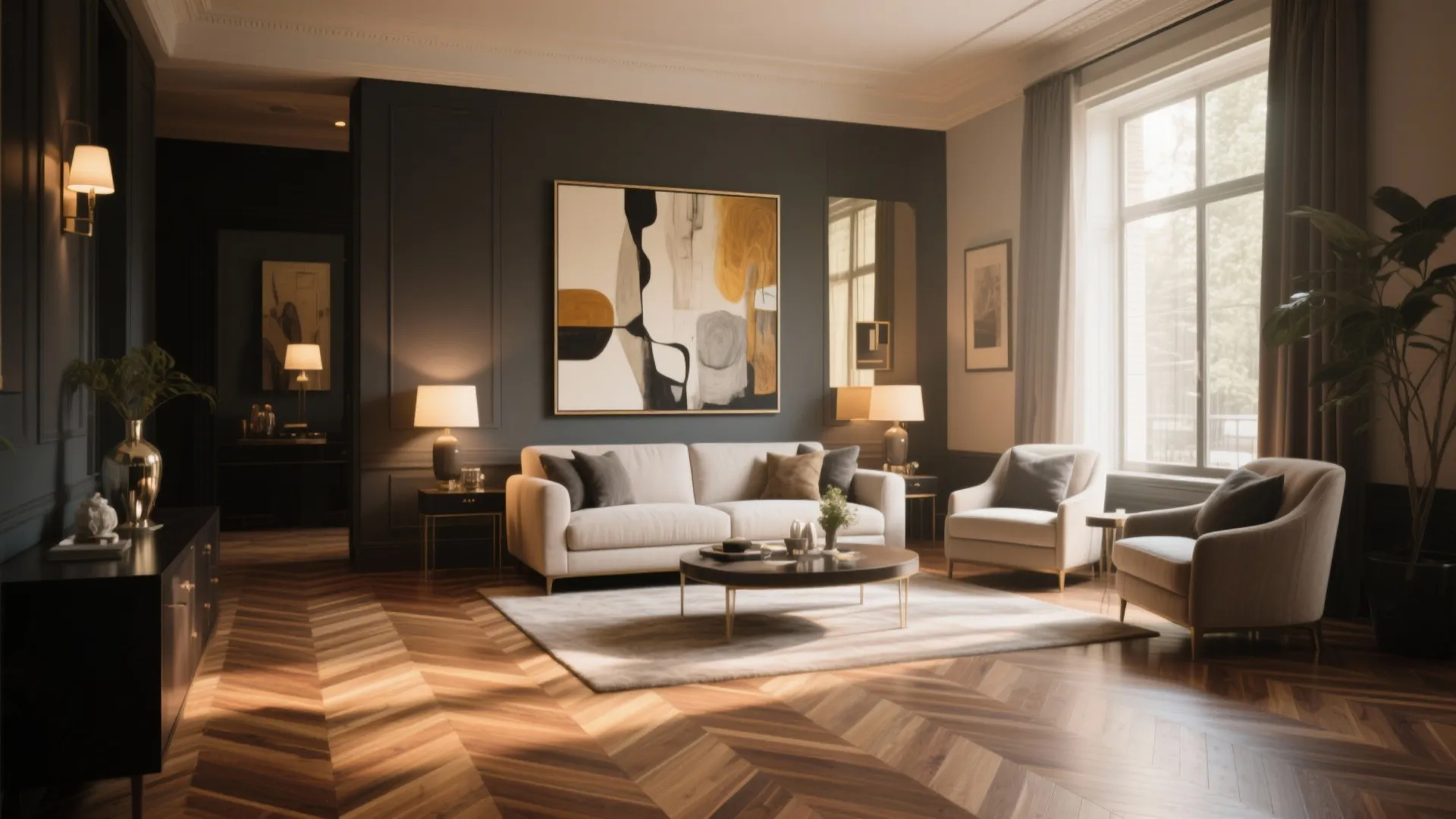 Stylish living room with herringbone wood flooring and elegant decor