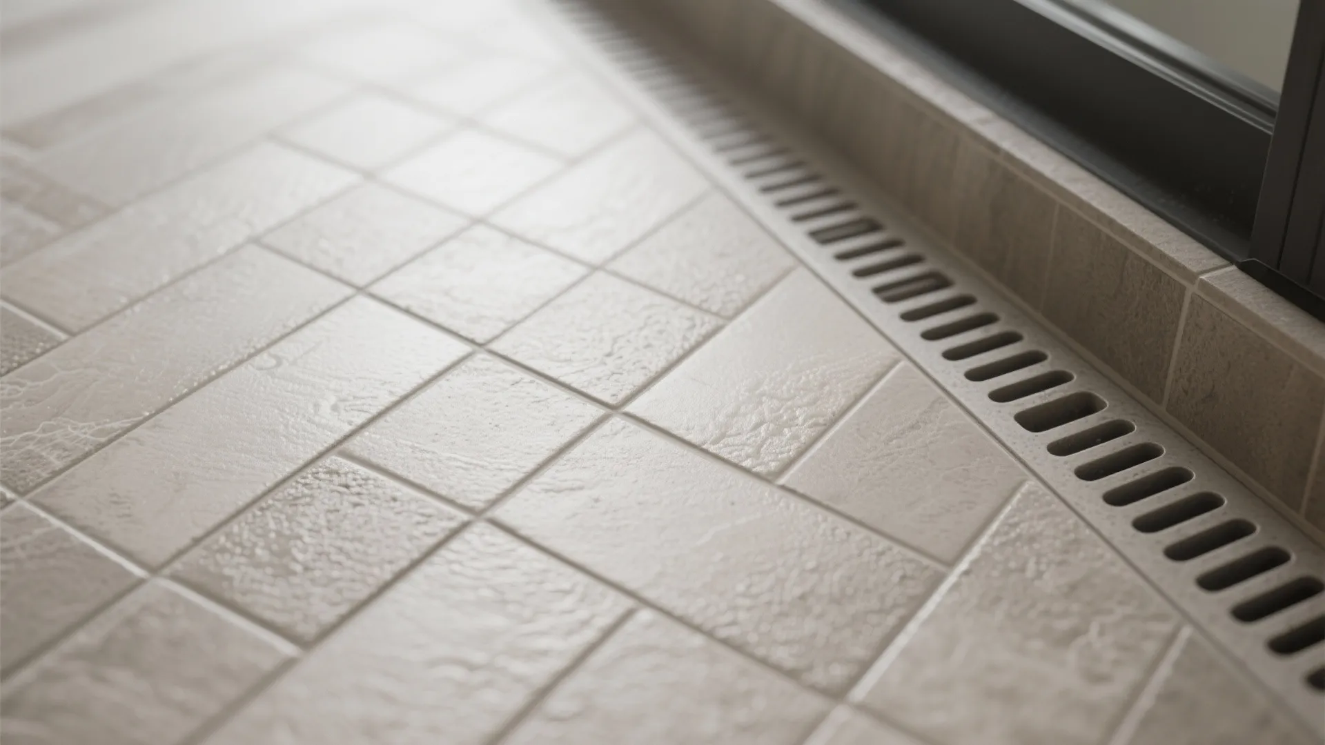 Macro detail of porcelain herringbone tiles with mid-tone grout and subtle texture.
