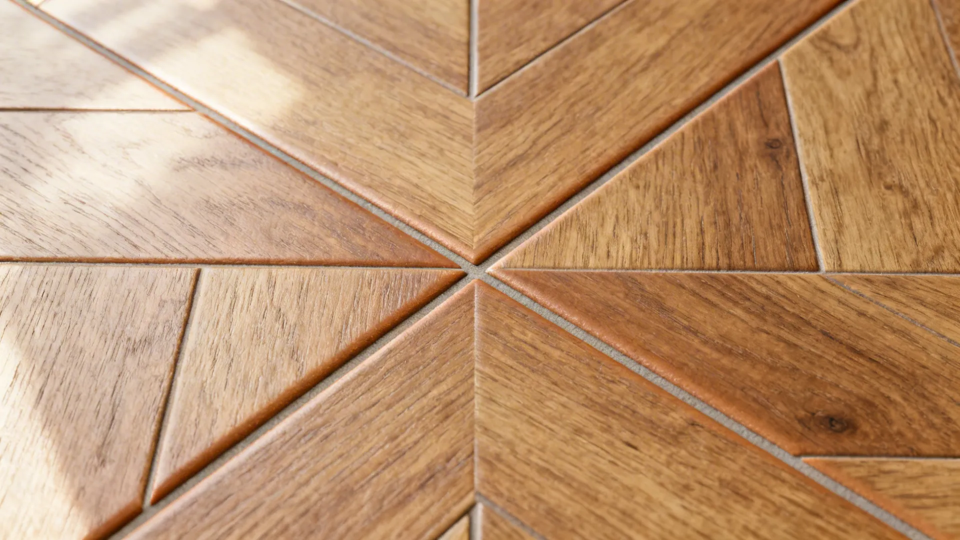 Macro of herringbone wood-look porcelain with tight, tone-matched grout.