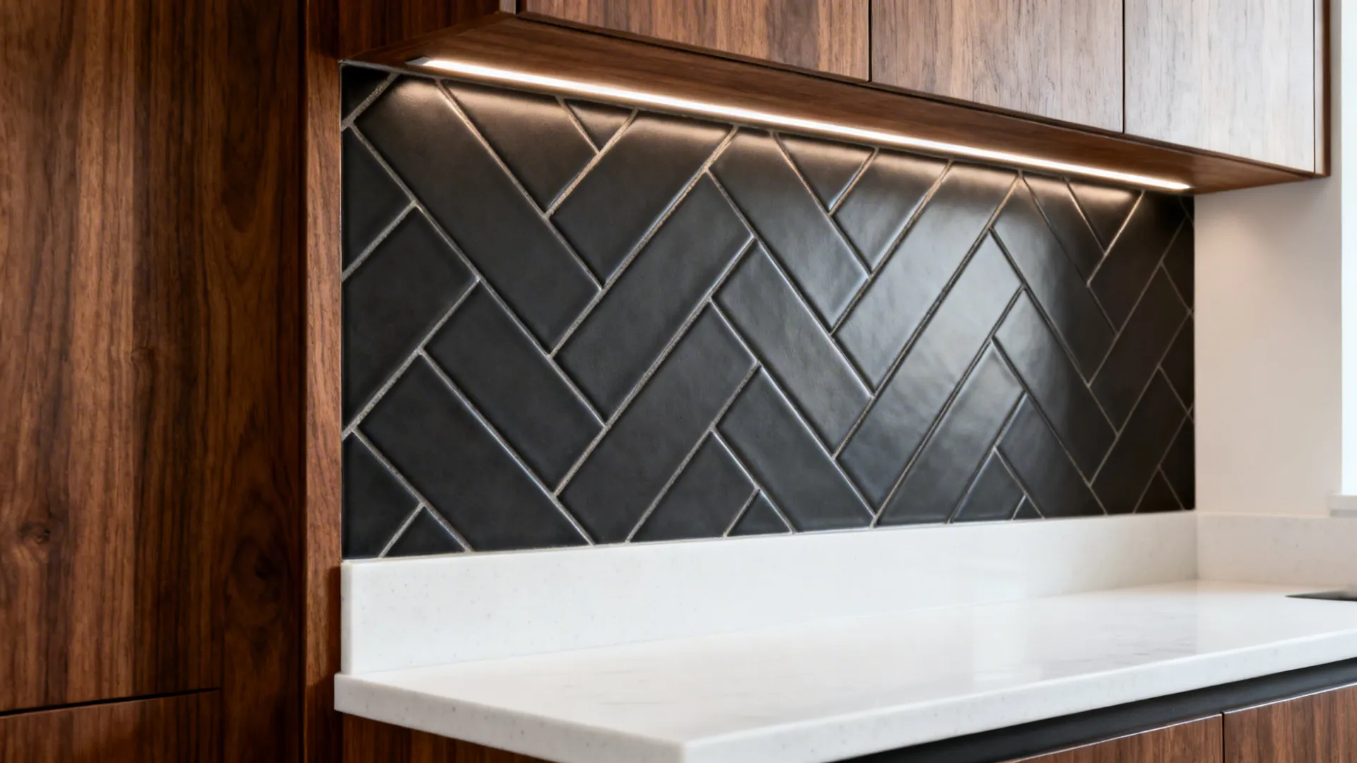 Warm Walnut + White Cabinets + Dark Herringbone Backsplash