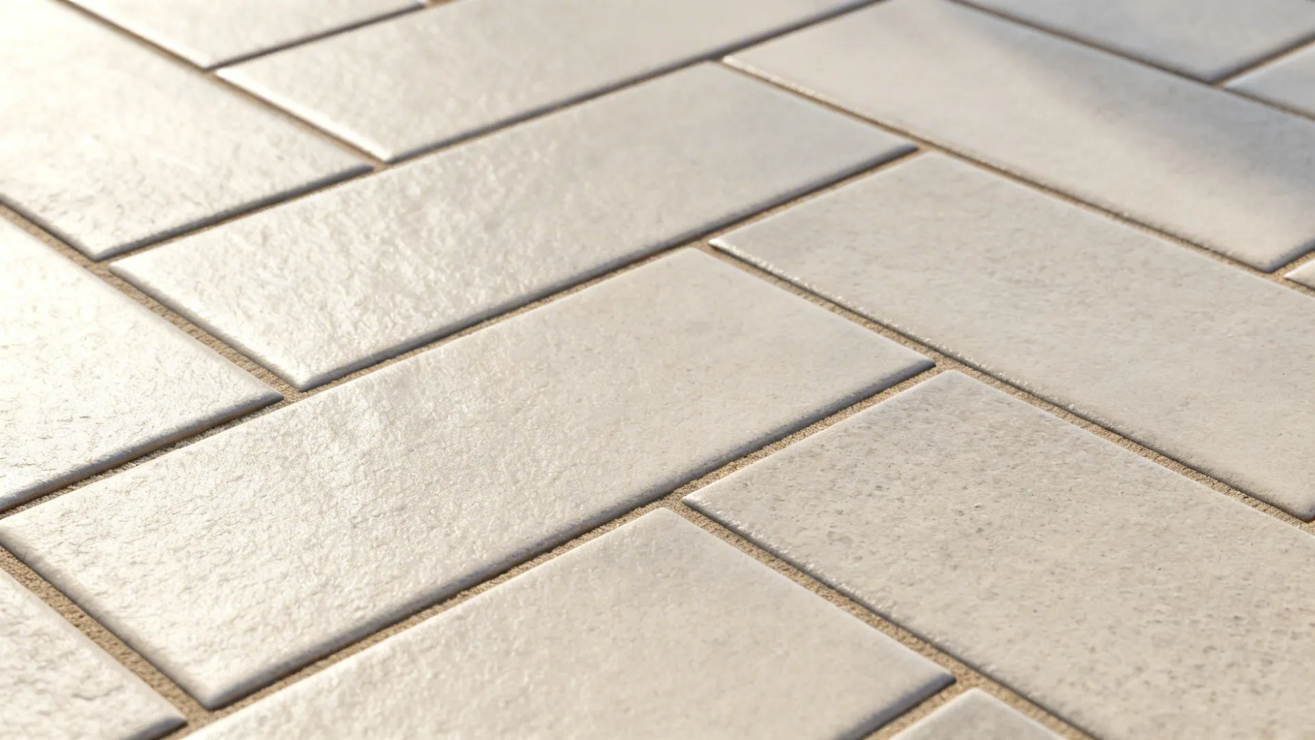 Macro view of matte porcelain herringbone tiles with subtle texture and mid-tone grout.
