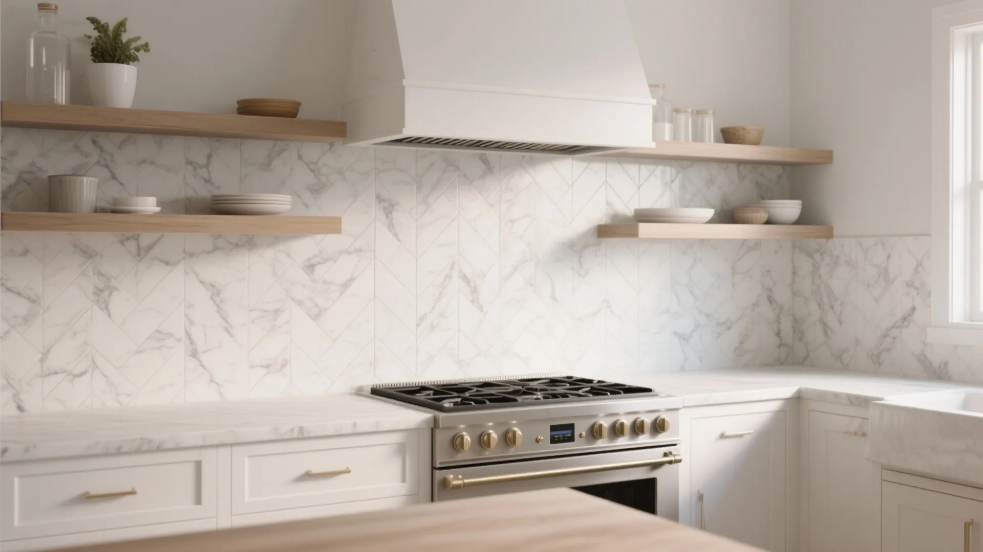 Herringbone-pattern marble-effect porcelain tiles used as a kitchen splashback behind a stove.