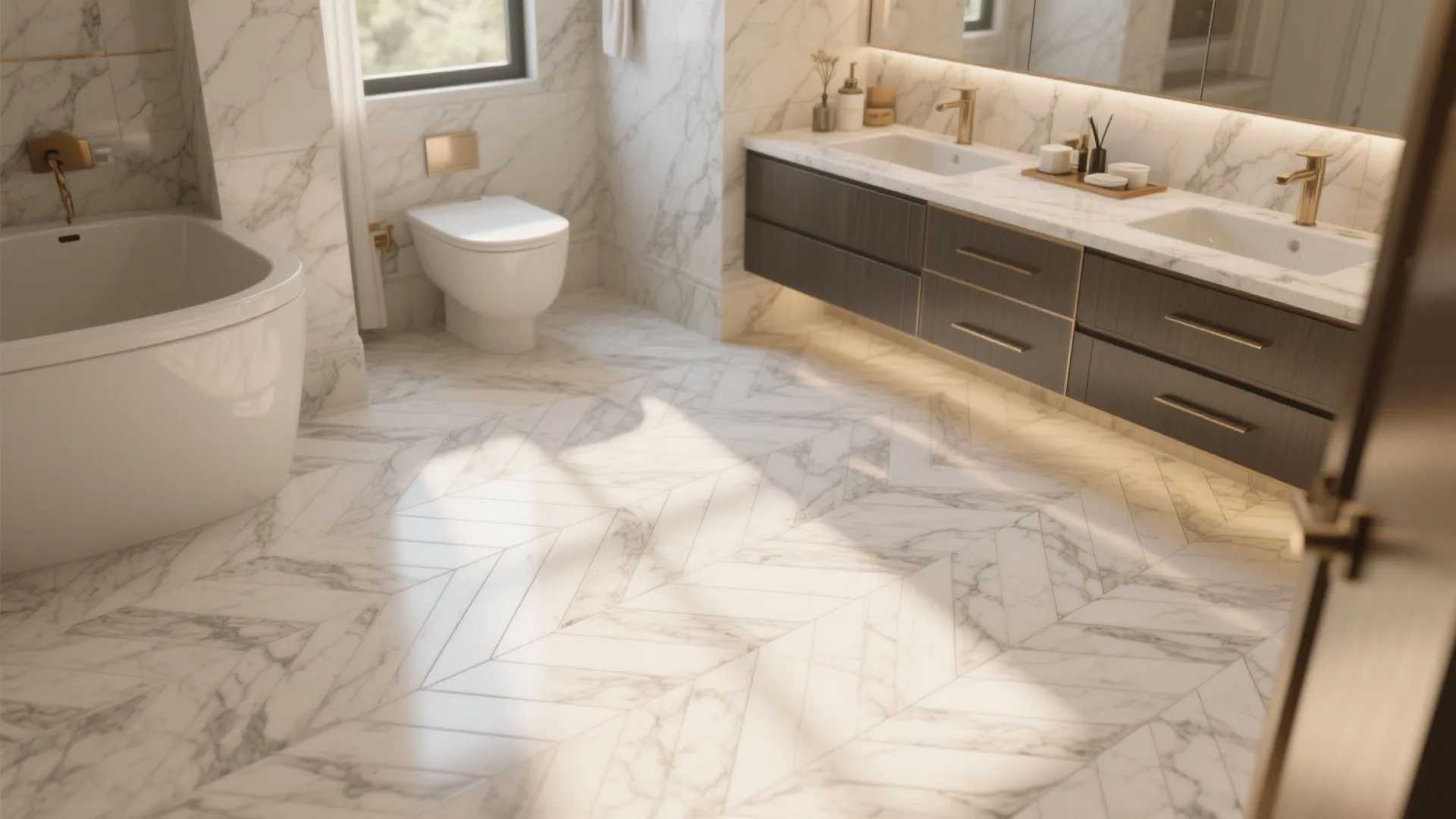 Spacious marble bathroom with white bathtub double sink cabinet toilet and sunlit herringbone pattern floor tiles