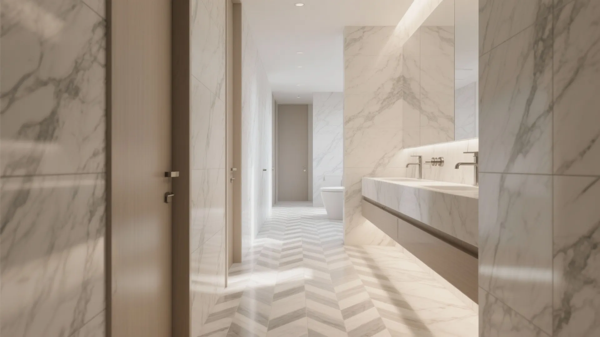 Modern bathroom hallway featuring marble walls, herringbone pattern floor tiles, double sinks, and wooden cabinets