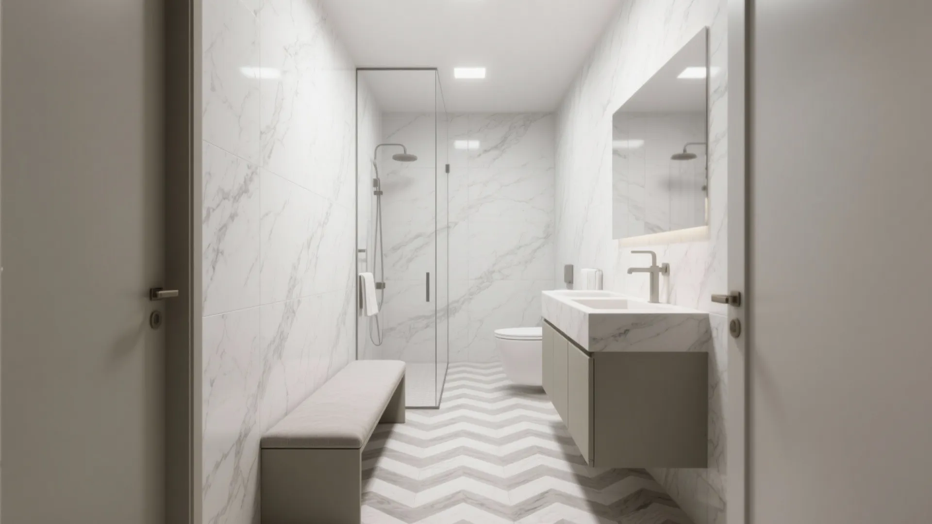 Small bathroom with white marble herringbone floor that visually widens the space.