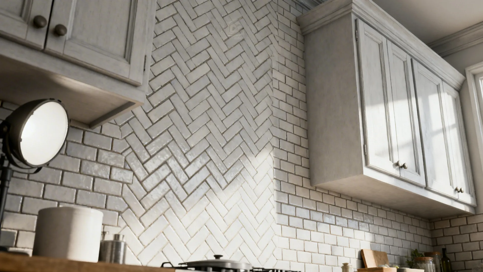 White kitchen wall with small brick tiles in herringbone pattern below grey cabinets and wall light