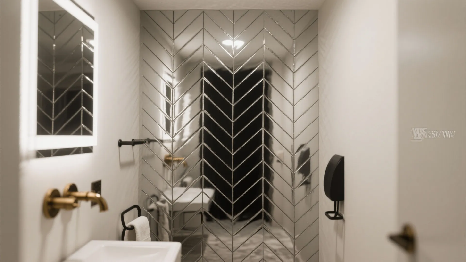 Tiny powder room with herringbone mirror tiles creating dynamic reflections and texture.