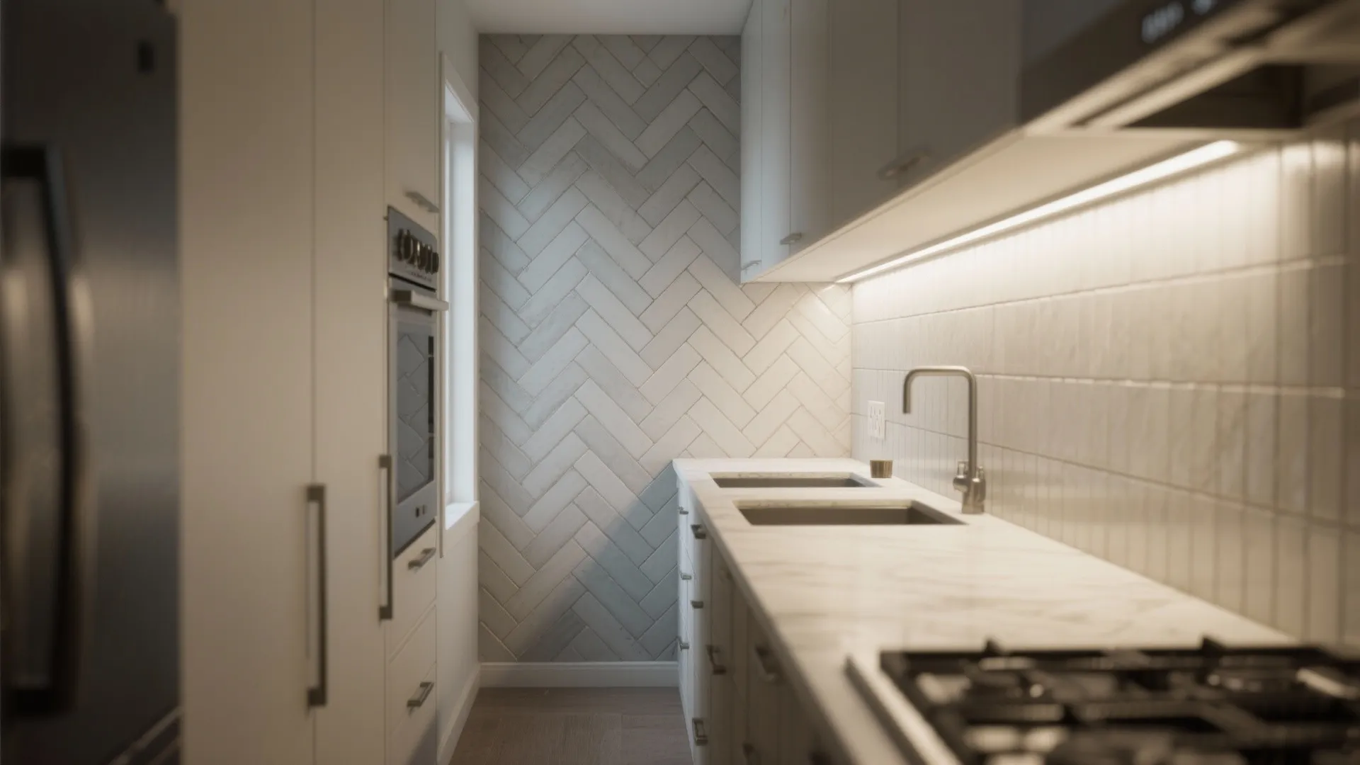 Modern kitchen with white cabinets marble countertop sink stove and grey herringbone pattern wall tile
