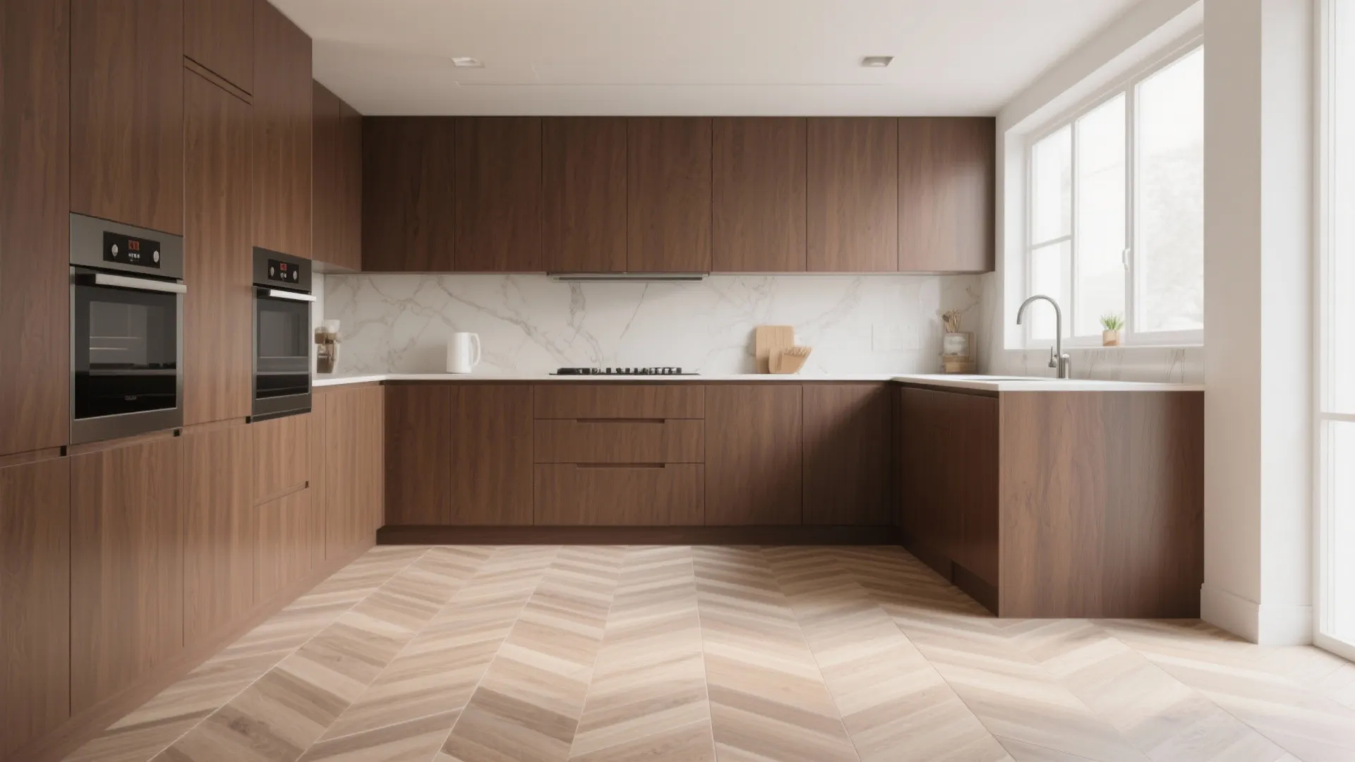 Modern kitchen with brown wood cabinets white marble backsplash and light wood pattern herringbone floor