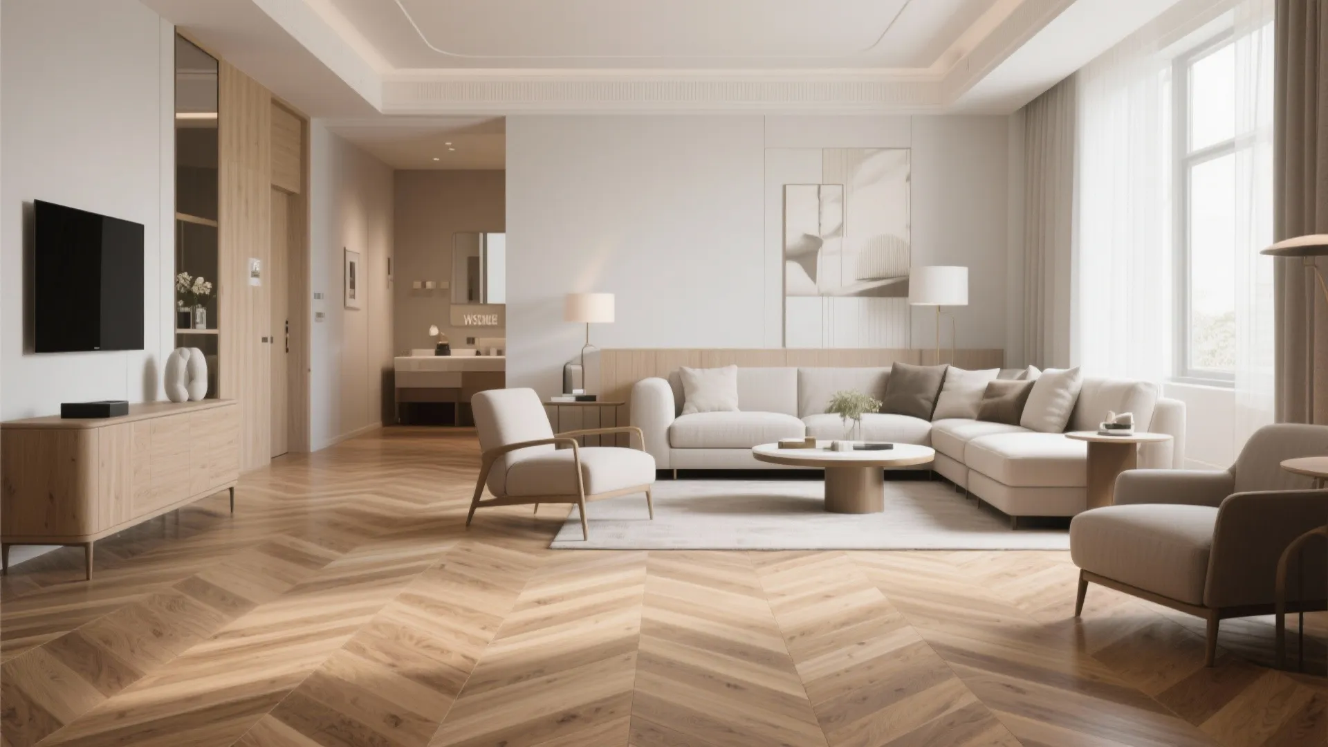 Chic living room with light oak herringbone hardwood flooring