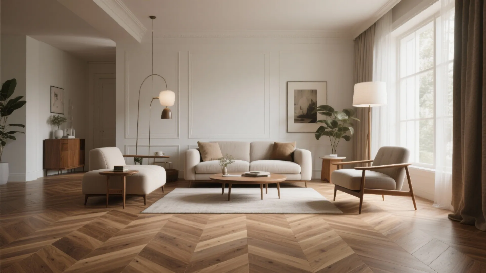 Living room with herringbone oak flooring and mid-century furniture