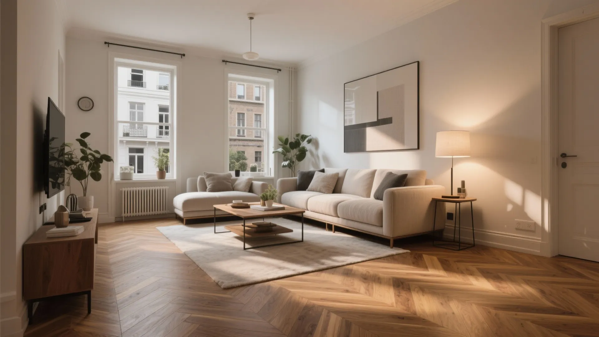 Modern townhouse living room with herringbone oak flooring