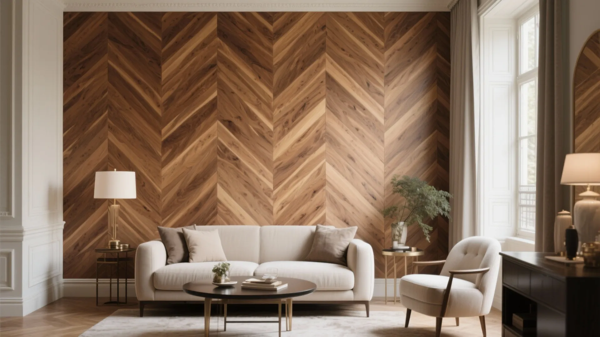 Elegant living room with white sofa armchair and dark wood wall paneling in herringbone pattern