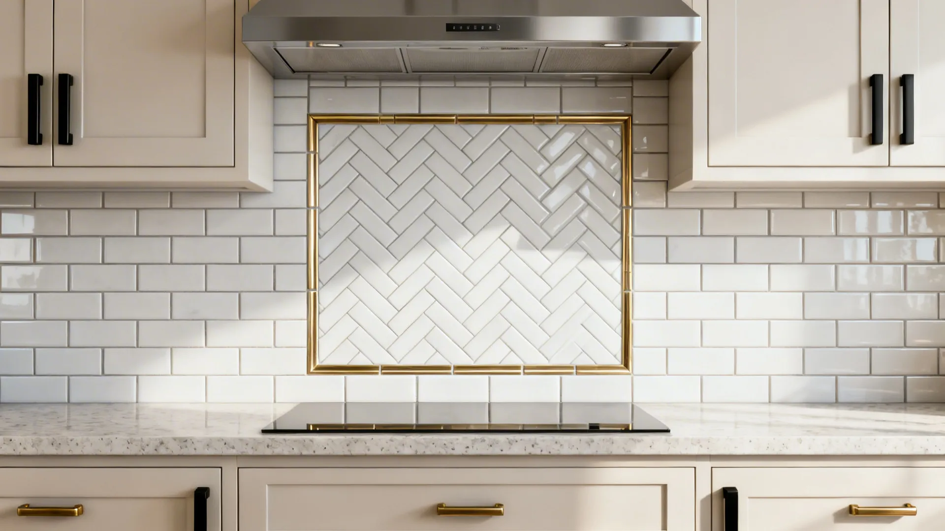 Herringbone tile panel framed in brass within a classic subway tile backsplash.