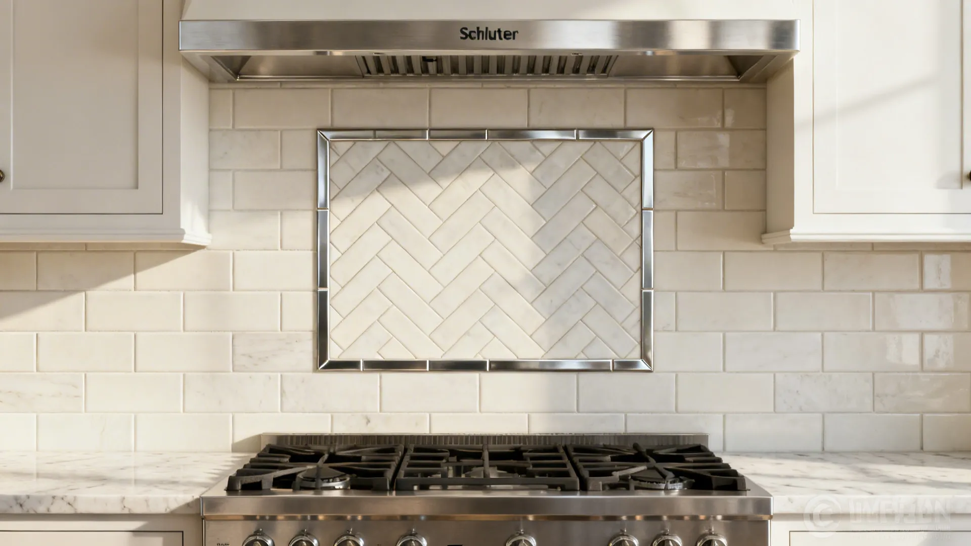 Framed herringbone accent panel behind a range with straight-lay field tiles around it.