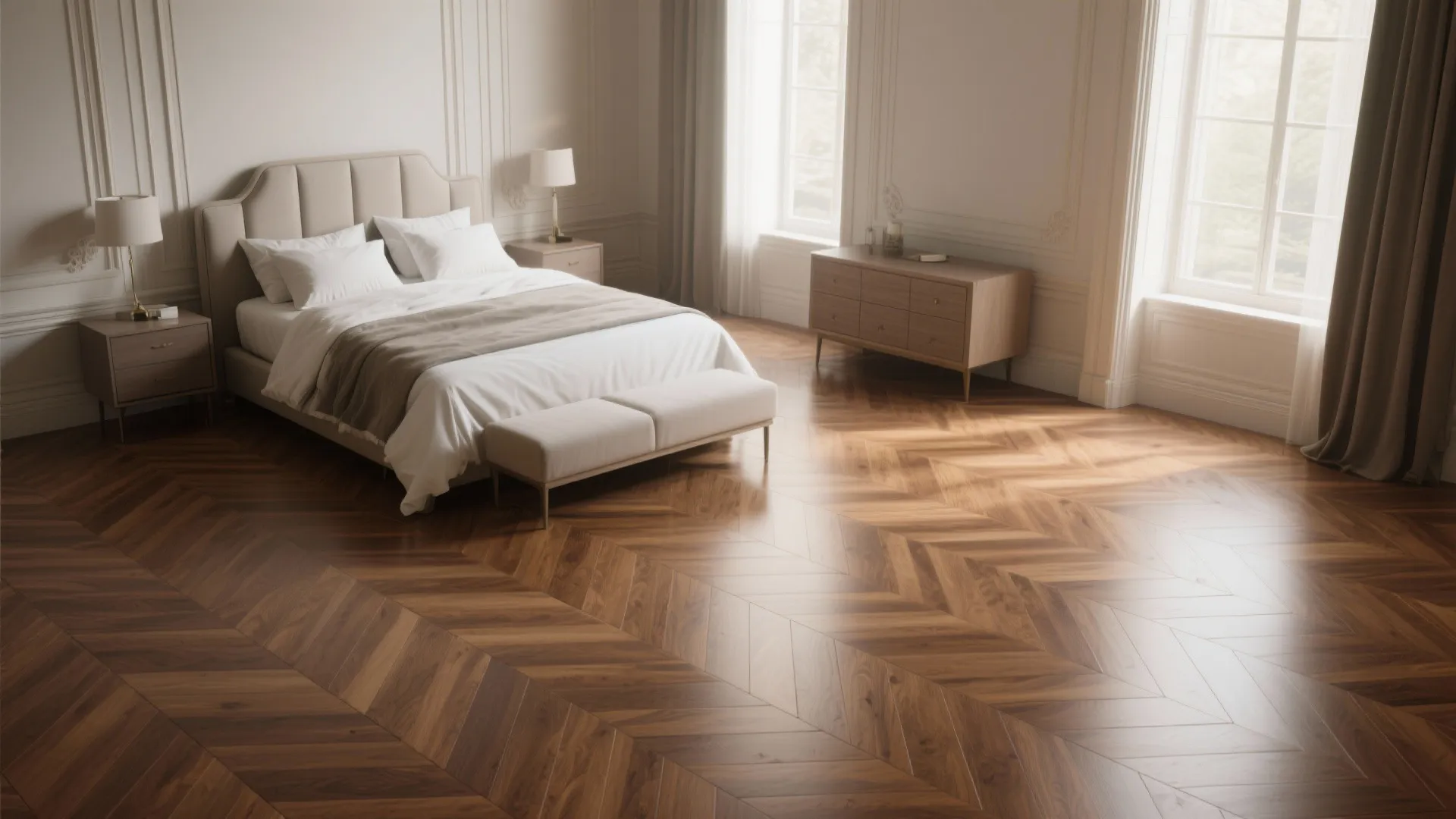 Classic bedroom with dark wood herringbone floor, white bed, large windows, and elegant wall panels